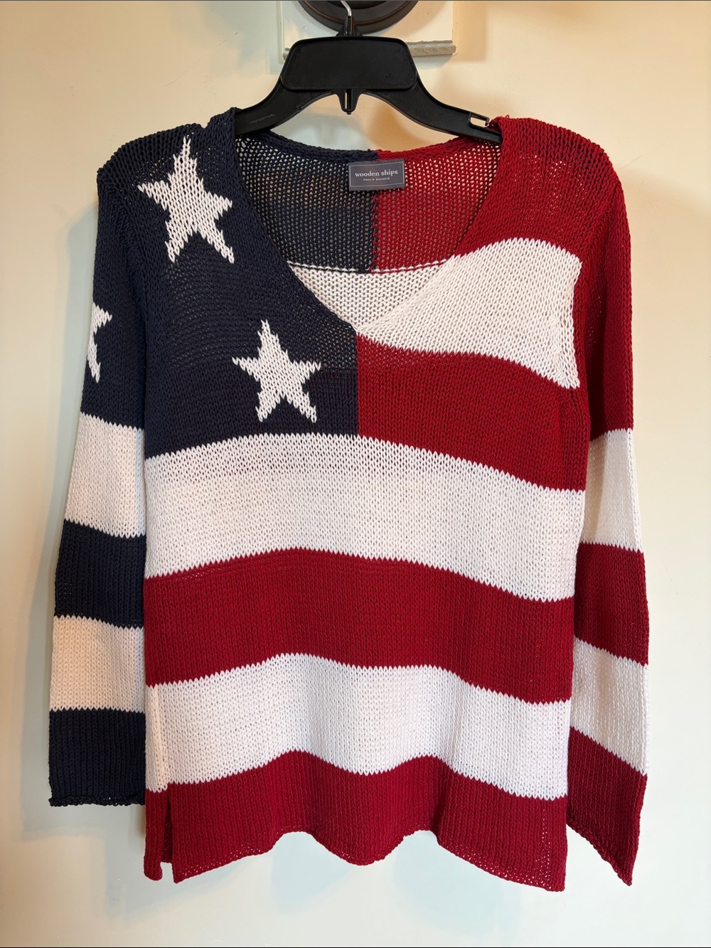 Wooden Ships American Flag Sweater S/M Red White Blue Stars Stripes Cotton